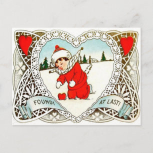 Vintage Retro Jongen Vindt Hart In Sneeuw Valentij Feestdagenkaart