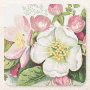 Vintage Retro Kerstkaart, Appelbloesem Vierkante Kartonnen Onderzetter