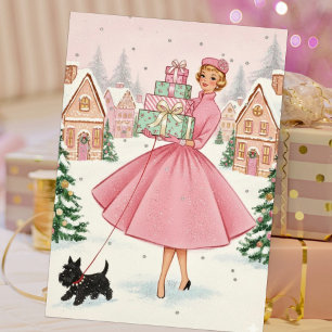 Vintage Retro Kerstmis Vrouw Met Scotty Dog Feestdagenkaart