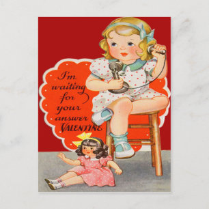 Vintage Retro Meisje Op Telefoon Valentijnkaart Feestdagenkaart