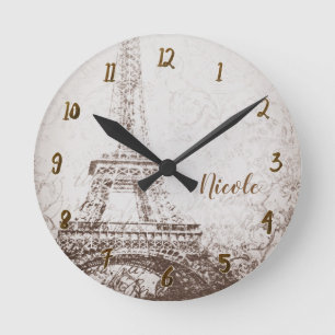 Vintage Retro Paris Eiffel Tower Personalized Ronde Klok