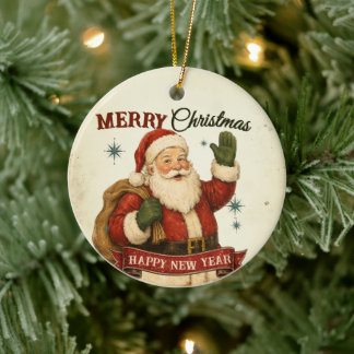 Vintage Retro Prettig Kerstfeest & Gelukkig Nieuwj Keramisch Ornament