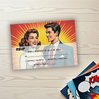 Vintage Retro Romantic Couple Comic Style Wedding RSVP Kaartje
