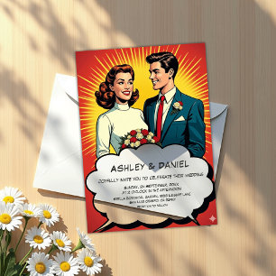 Vintage Retro Romantisch Koppel Comic Stijl Trouwe Acryl Uitnodigingen