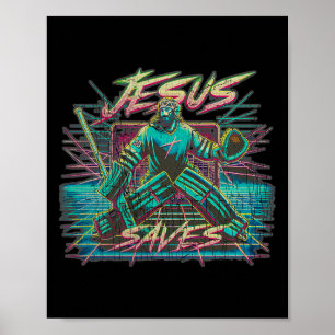 Vintage Retro Vaporwave Jezus Redt IJshockey Goa Poster