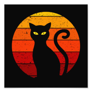 Vintage Retro Zonsondergang Halloween Zwarte Kat I Foto Afdruk