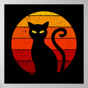 Vintage Retro Zonsondergang Halloween Zwarte Kat I Poster