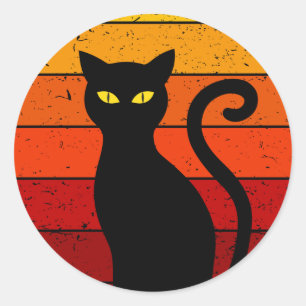 Vintage Retro Zonsondergang Halloween Zwarte Kat I Ronde Sticker