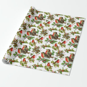 Vintage Robin Bird Holly Berries Kerstwinter Cadeaupapier