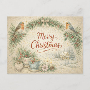 Vintage Robin Krans Gelukkig Kerstmis Feestdagenkaart