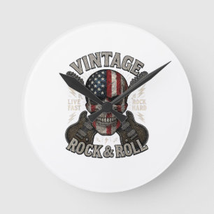 Vintage Rock Schedel Amerikaanse Vlag Gitaar Retro Ronde Klok