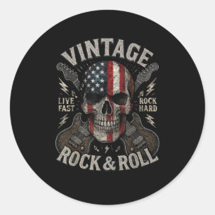 Vintage Rock Schedel Amerikaanse Vlag Gitaar Retro Ronde Sticker