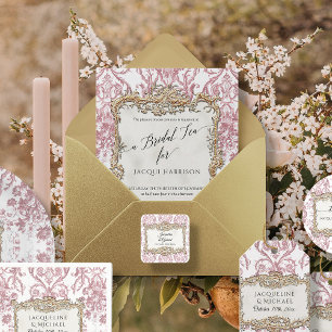 Vintage Rococo Bloem Roze n Wit Gouden Bruilofts T Folie Uitnodiging