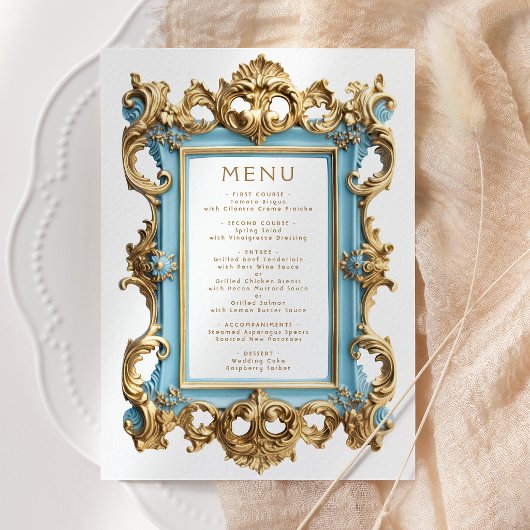 Vintage Rococo Frame Blue Gold Wedding Menu