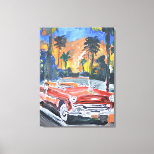 Vintage rode convertible auto in tropisch paradijs canvas afdruk