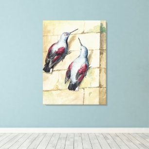 Vintage Rode en Grijze Vogel Aquarel Kunst Canvas Afdruk