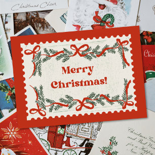 Vintage rode en groene linten vrolijk kerstfeest feestdagen kaart