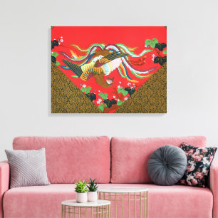 Vintage Rode Japanse Phoenix Vogel Kunst G.A. Auds Canvas Afdruk