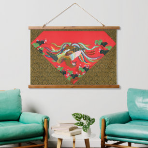 Vintage Rode Japanse Phoenix Vogel Kunst G.A. Auds Hangend Wandkleed