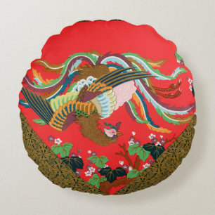 Vintage Rode Japanse Phoenix Vogel Kunst G.A. Auds Rond Kussen
