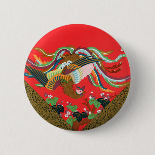 Vintage Rode Japanse Phoenix Vogel Kunst G.A. Auds Ronde Button 5,7 Cm