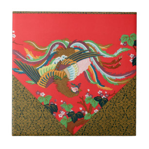 Vintage Rode Japanse Phoenix Vogel Kunst G.A. Auds Tegeltje