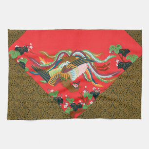 Vintage Rode Japanse Phoenix Vogel Kunst G.A. Auds Theedoek