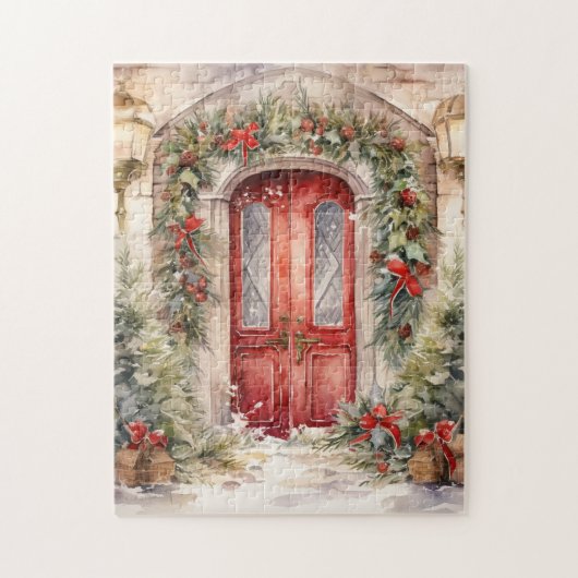 Vintage rode kerstdeur legpuzzel (Verticaal)
