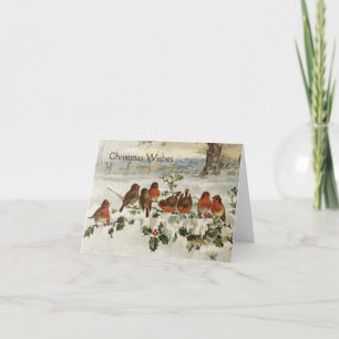 Vintage - Rode Robins met Kerstmis, Feestdagen Kaart