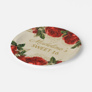 Vintage Rode Rozen Sweet 16 Verjaardag Papieren Bordje