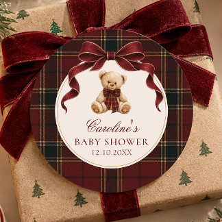 Vintage rode tartan teddybeer babyshower sticker