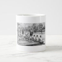 Vintage roeiers in boot aan de steiger
