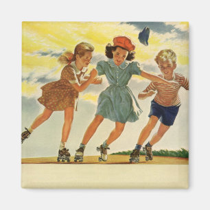 Vintage Roller Schaatsplezier Kinderen Jongens en  Magneet