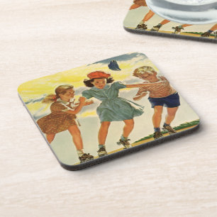 Vintage Roller Skeen Fun Kinderen Jongens en Meisj Bier Onderzetter