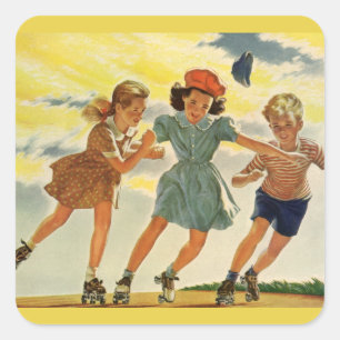 Vintage Roller Skeen Fun Kinderen Jongens en Meisj Vierkante Sticker