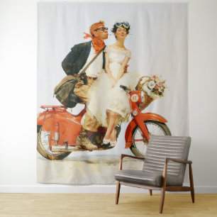 Vintage Romantiek op een Rode Scooter Wandkleed
