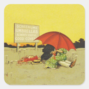 Vintage Romantisch Stel met Rode Paraplu Grappig Vierkante Sticker