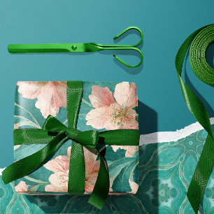 Vintage Romantisch Teal & Roze Bloemendesign  Cadeaupapier