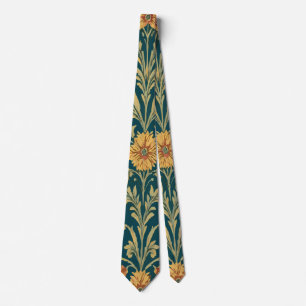 Vintage rood en geel bloemmotief op donkerblauw stropdas