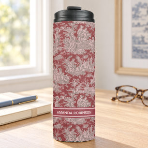Vintage rood roze Frans land toile De Jouy Thermosbeker