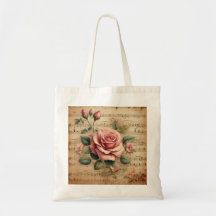 Vintage Roos & Bladmuziek – Katoenen Boodschappent