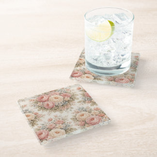 Vintage Roos Bloemmotief | Elegante Pastel Glazen Onderzetter