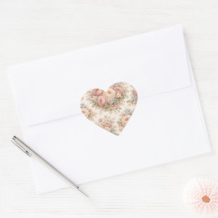 Vintage Roos Bloemmotief Elegante Pastel Hart Sticker