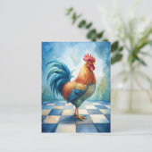 Vintage Rooster Blue White Checkered Briefkaart (Staand voorkant)