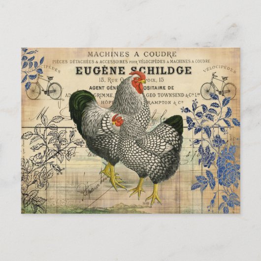 Vintage Rooster en Hen Ephemera Briefkaart (Voorkant)