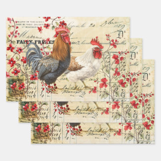 Vintage Rooster en Hen Ephemera Inpakpapier Vel