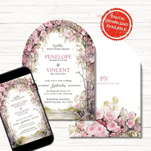 Vintage Rose Arch | Monogram Wedding Kaart