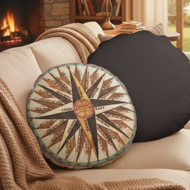 Vintage Rose de boussole nautique Coussin de coton (Vintage nautical art accent pillow.)