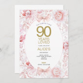 Vintage rose floral 90e anniversaire Invitation (Devant / Derrière)
