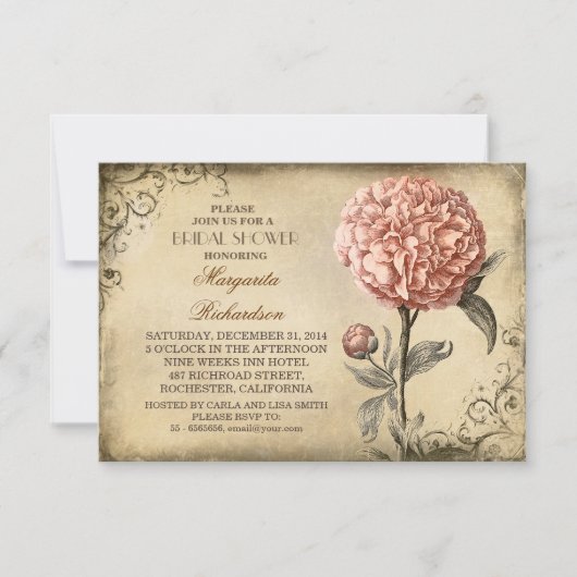 vintage rose poony rustique nuptiale invitation (Devant)